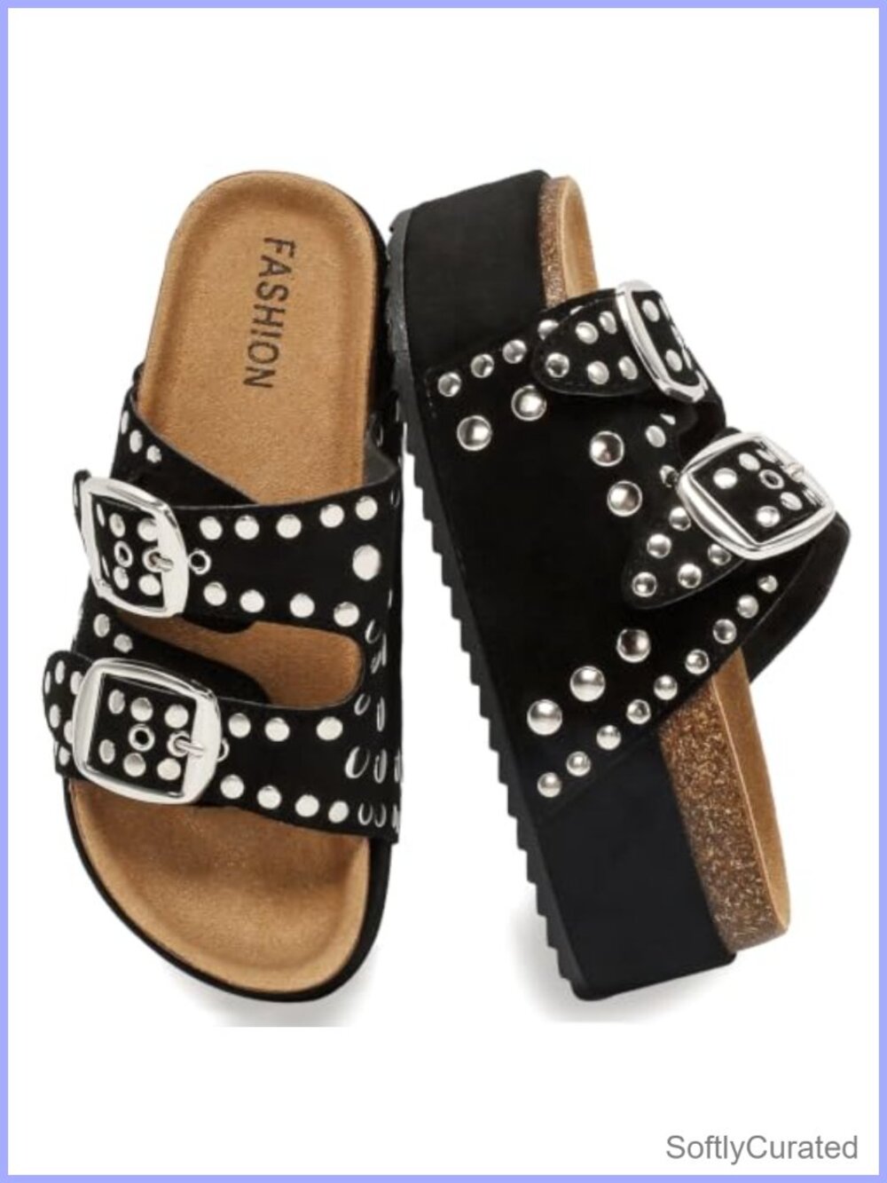Women's Suede Cork Footbed Platform Sandals Studded Slides